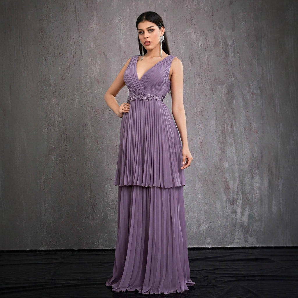 Vestido de noche de graduación con cuello en V, vestido escalonado, vestido cruzado con cuello, vestido formal para anfitriona, vestido elegante y grácil, vestido maxi para mujer