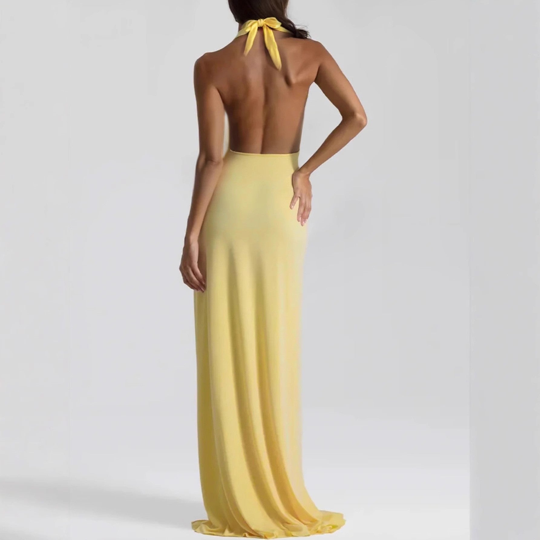 Vestido sexy largo de mujer con escote pronunciado en V, espalda descubierta con cordones y tiras