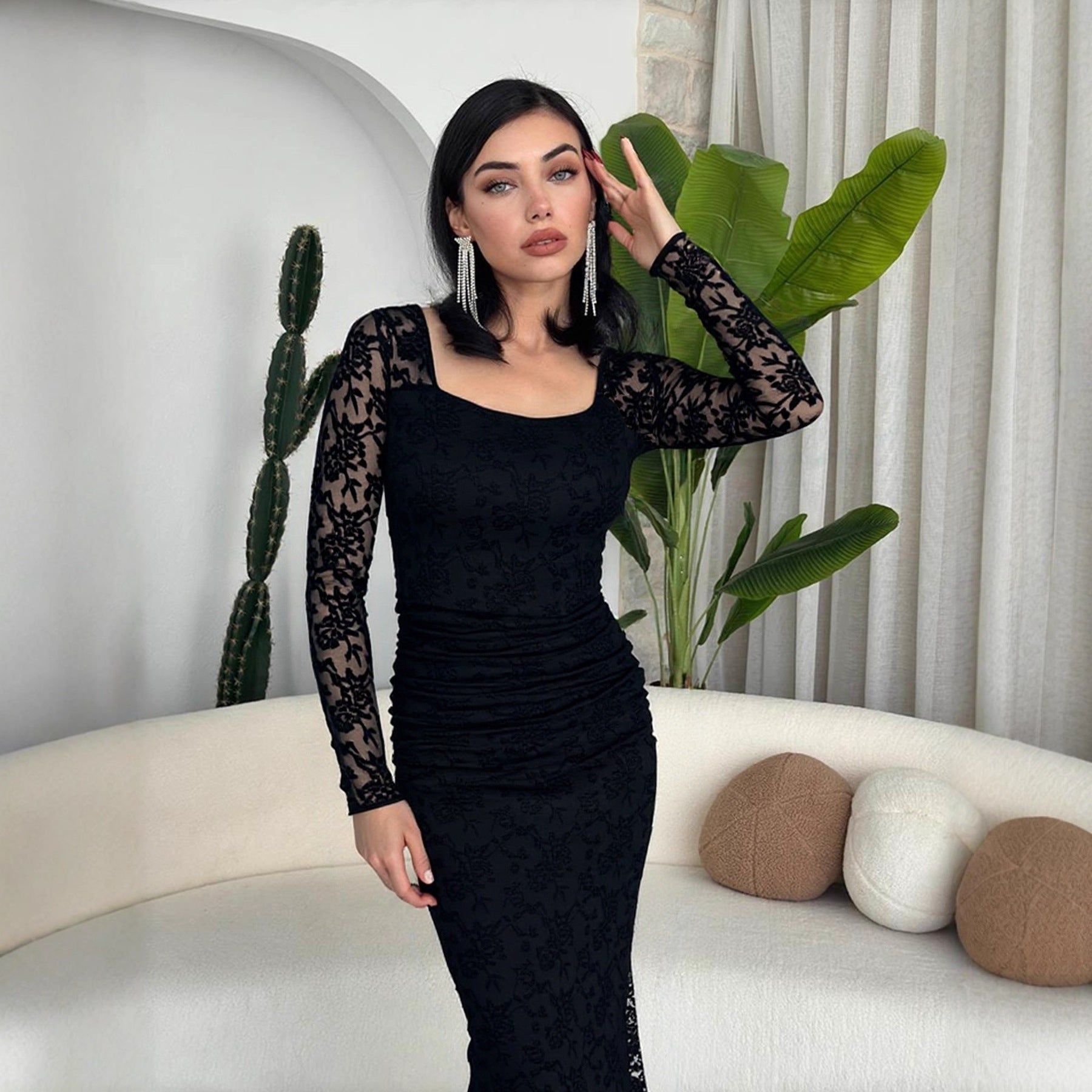 Vestido Largo Plisado Entallado con Cuello Cuadrado y Encaje Elegante de Moda para Mujer Otoño Invierno