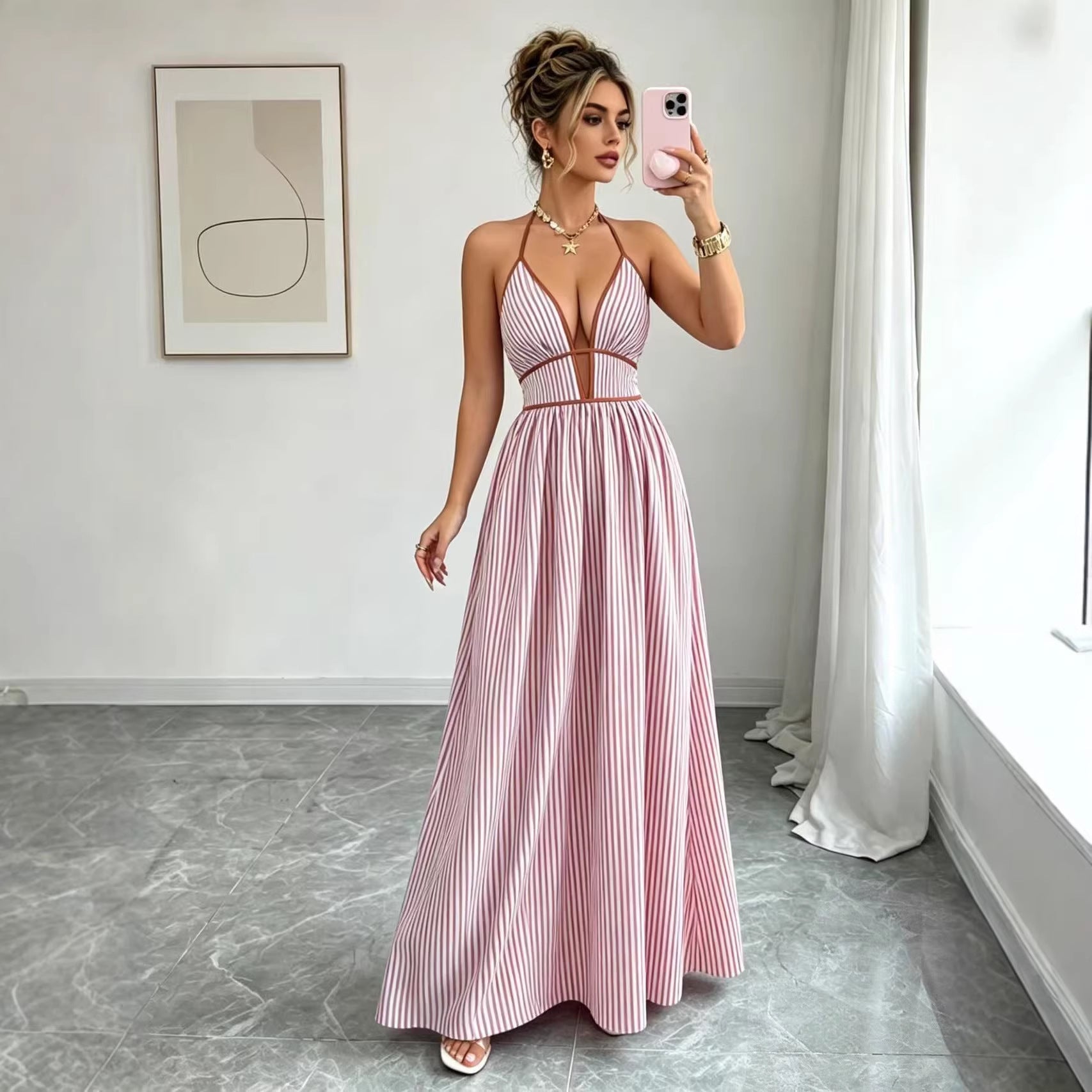 Vestido maxi largo casual sin mangas con cuello halter, cintura ajustada y rayas a juego de colores