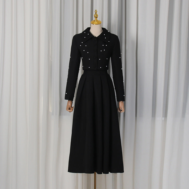 Vestido Maxi Elegante Plisado Delgado de Primavera Color Sólido Cuello con Cuentas Manga Larga Conjuntos de Dos Piezas para Mujer