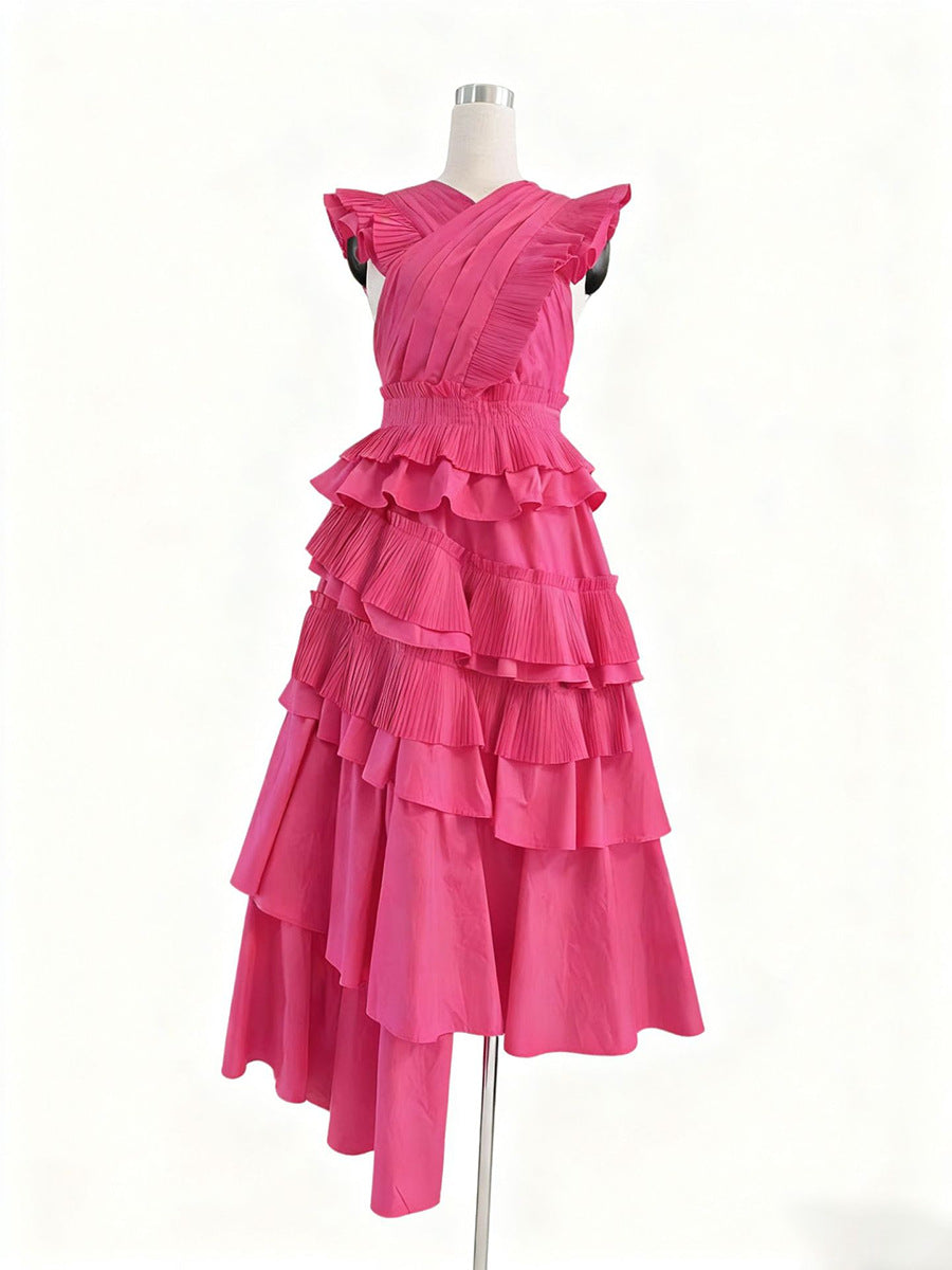 Primavera Elegante Vestido Largo de Madera de Costura de Orejas de Grado Superior Cuello en V Cruzado para Mujer