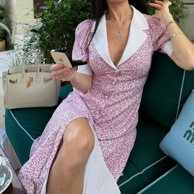 Elegante vestido floral de verano con cuello polo, manga corta, cintura alta y estampado línea A para mujer