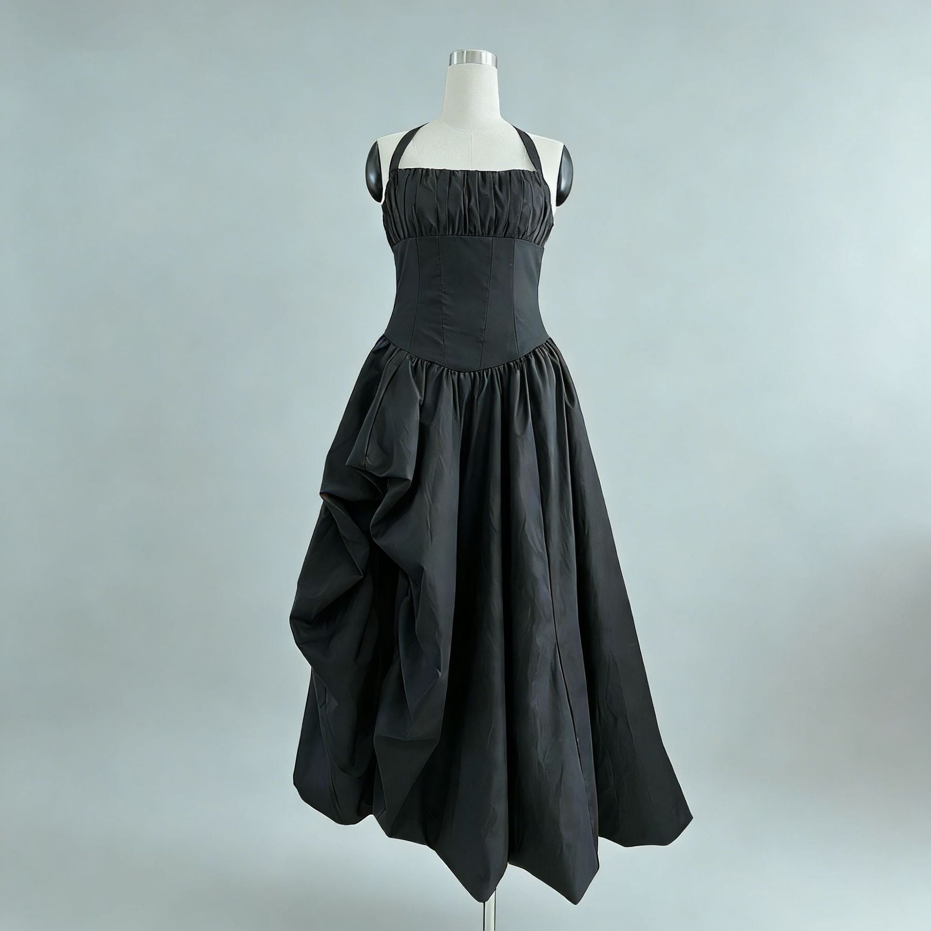 Elegante vestido maxi retro sin tirantes con cuello halter y cintura ajustada con estampado floral tridimensional para mujer