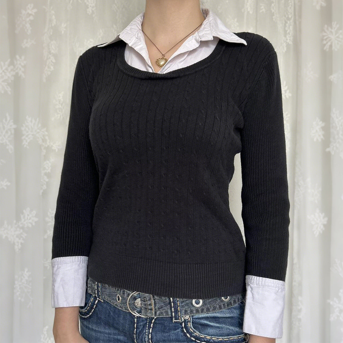 Sexy Faux Two Piece Long Sleeved Sweater Woolen Women Clothing Autumn