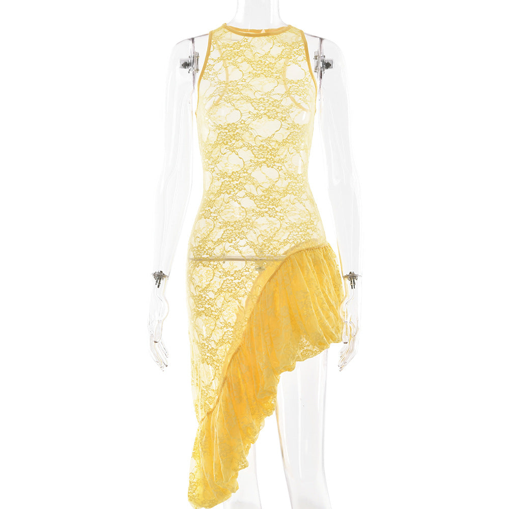 Vestido maxi de verano sexy de encaje transparente asimétrico irregular sin mangas con cuello redondo para mujer