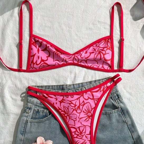 Bikini de dos piezas para mujer, conjunto de estampado floral rojo, traje de baño de playa para verano, con aberturas