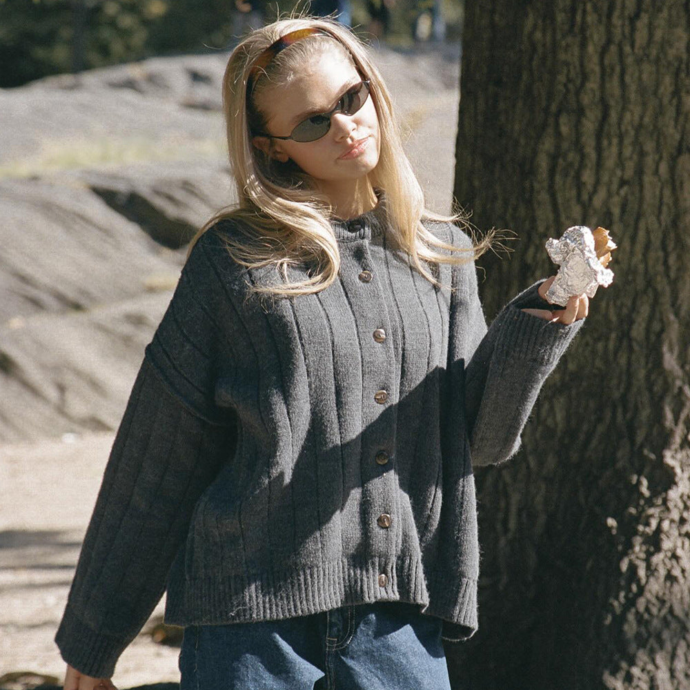 Loose Sweater Cardigan Autumn Winter Sunken Stripe round Neck Sweater Cardigan Knitted Cardigan Women