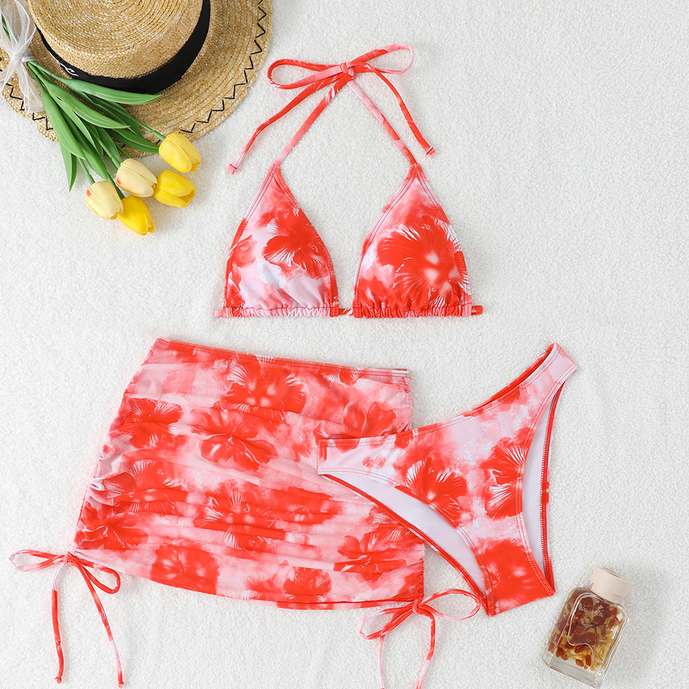 Bikini de malla con cordón, entallado, sexy, estampado, conjunto de bikini de tres piezas, traje de baño