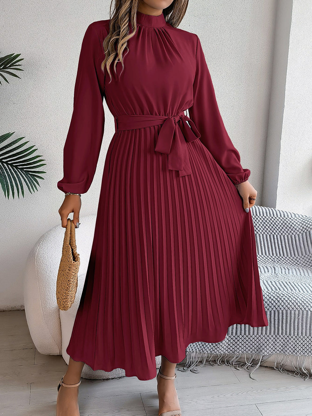 Vestido largo plisado fruncido con cuello alto y manga larga, elegante, otoño-invierno, vestido pequeño, ropa de mujer