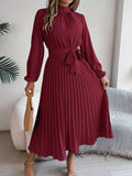 Vestido largo plisado fruncido con cuello alto y manga larga, elegante, otoño-invierno, vestido pequeño, ropa de mujer