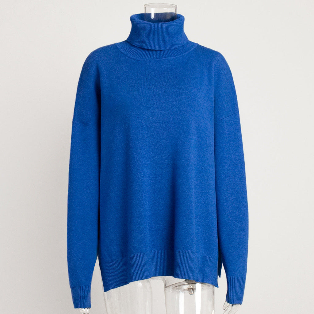 Turtleneck Sweater Women Autumn Winter Casual Sweater Slit Loose Solid Color Knitted Sweater