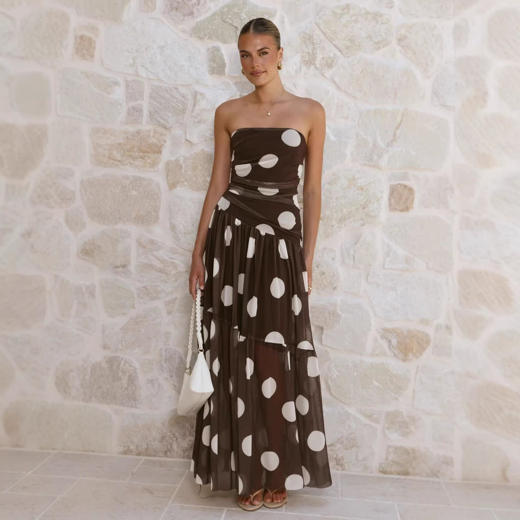 Vestido largo con hombros descubiertos, estampado de lunares, fruncido en el pecho y de malla para mujer