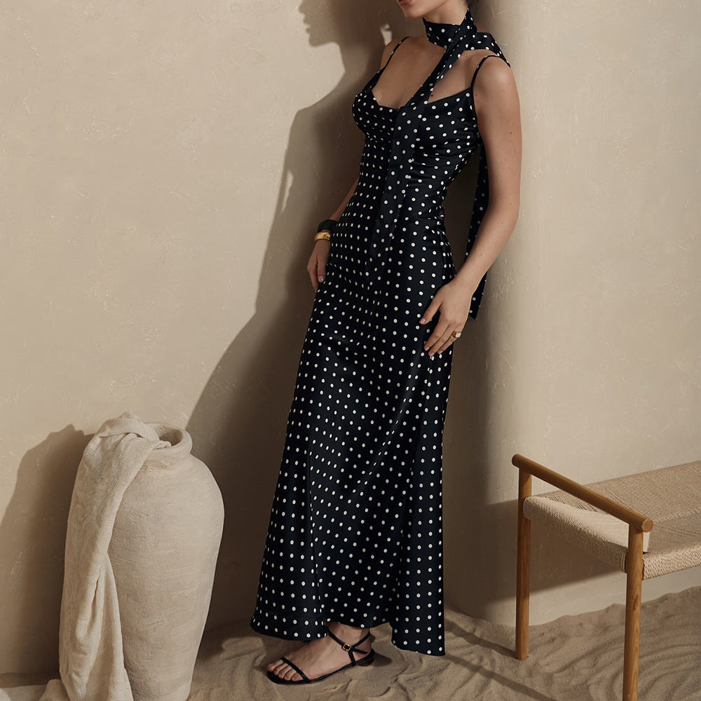 Vestido Maxi con Tirantes Vestido Largo de Verano con Cuello Halter y Cola de Pescado de Lunares