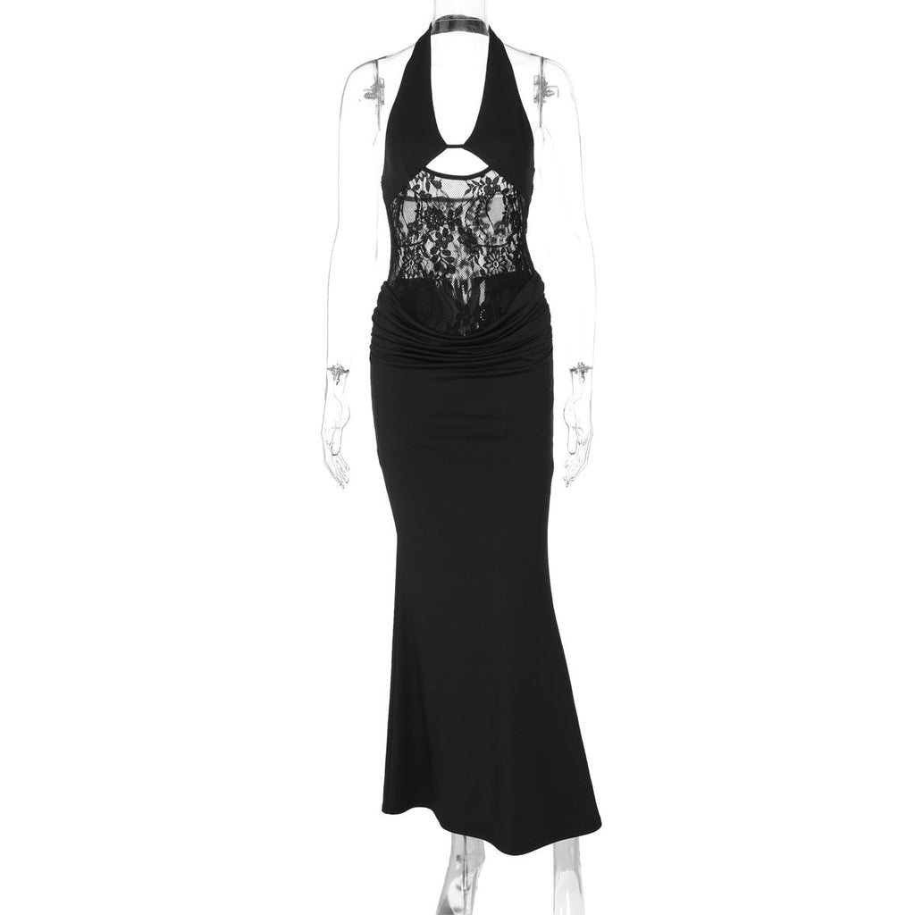 Vestido largo ajustado y sin mangas con cuello halter, espalda descubierta, encaje y aberturas, sexy, de verano
