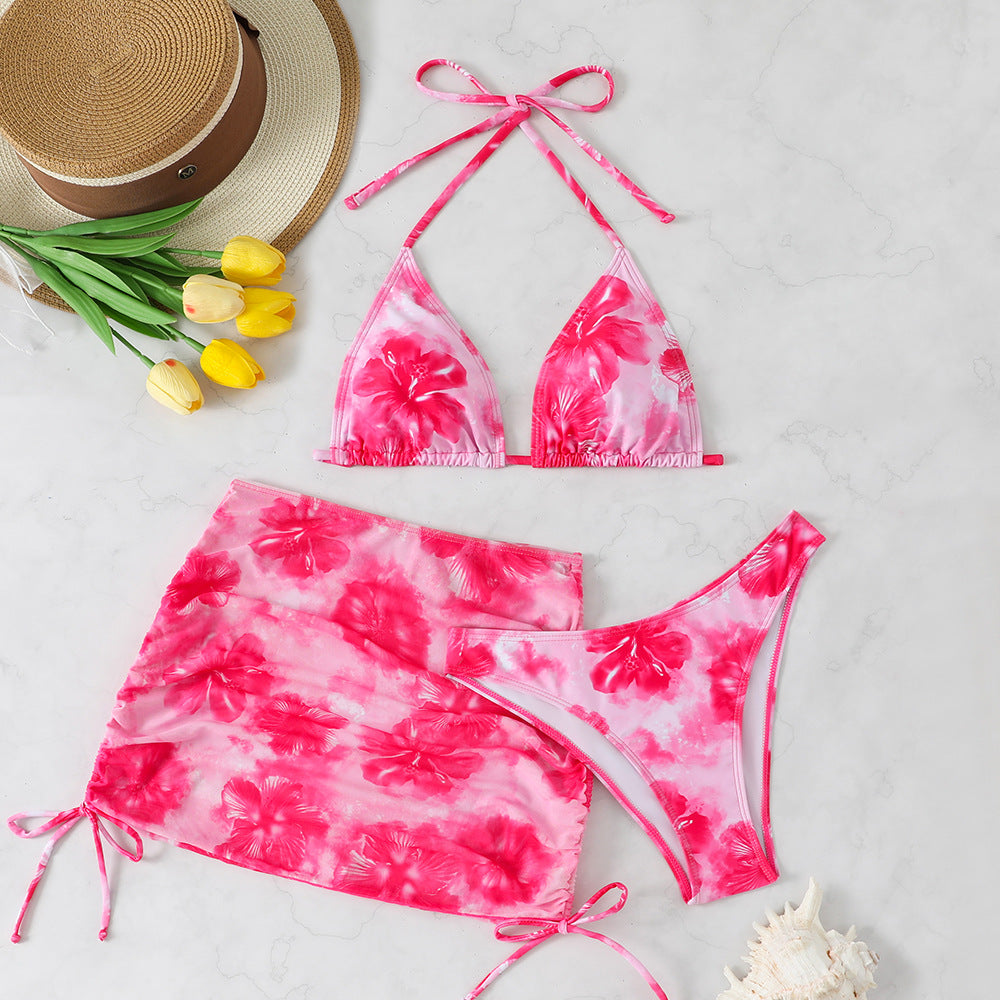 Bikini de malla con cordón, entallado, sexy, estampado, conjunto de bikini de tres piezas, traje de baño