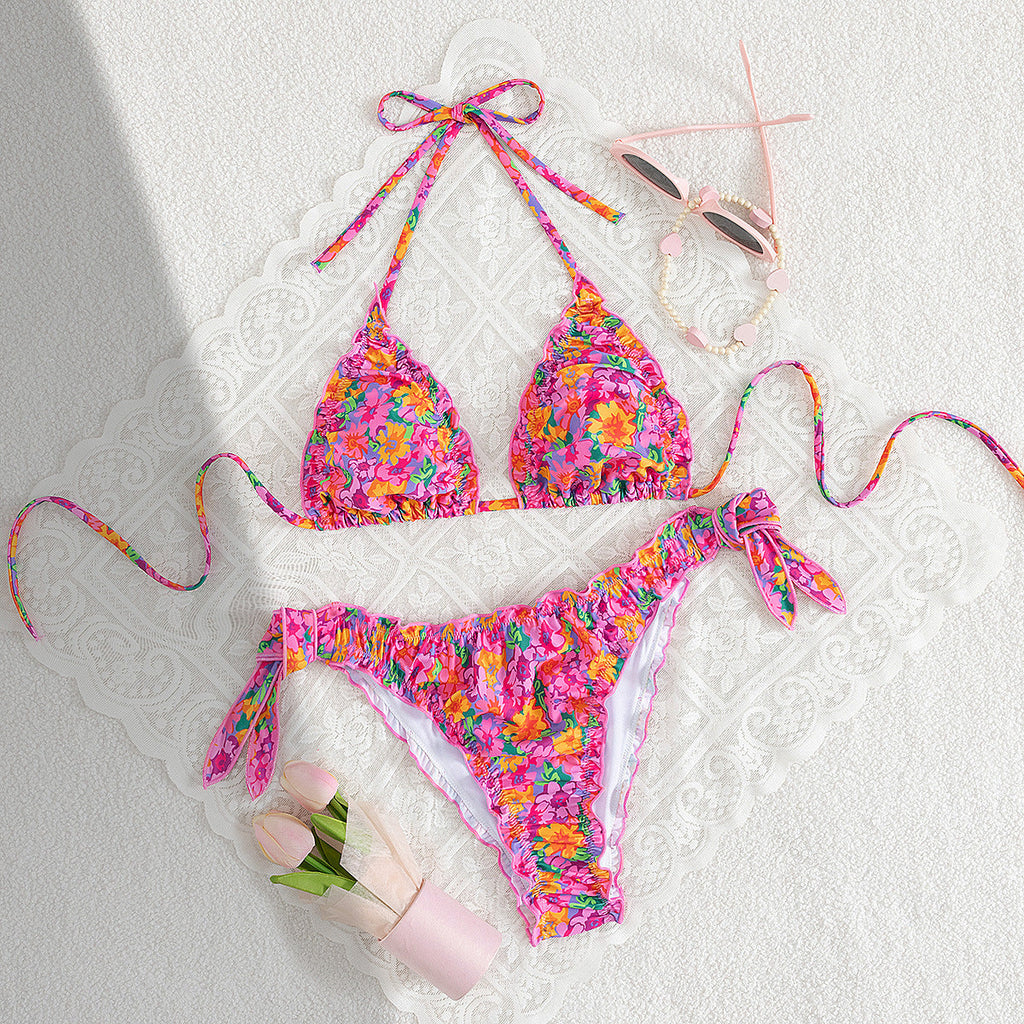 Traje de baño sexy bikini con volantes y estampado halter