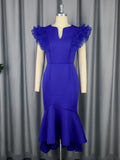 Vestido de cóctel sexy con volantes, pliegues y manga corta, cintura alta, corte sirena