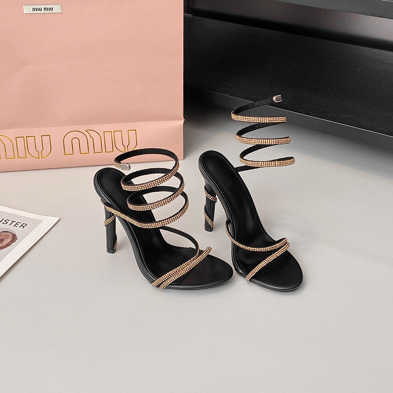 Summer Snake Shaped Rhinestone High Heel Shoes Internet Celebrity Fairy Winding Stiletto Sandals Women