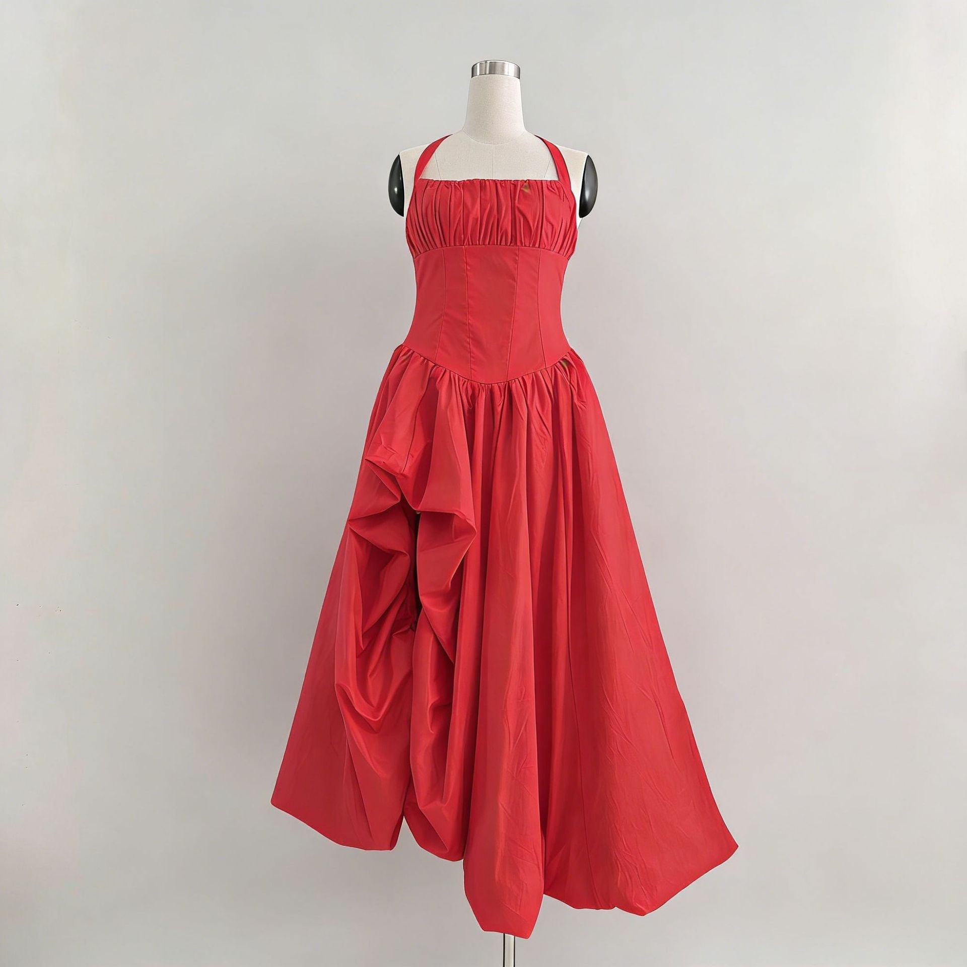 Elegante vestido maxi retro sin tirantes con cuello halter y cintura ajustada con estampado floral tridimensional para mujer