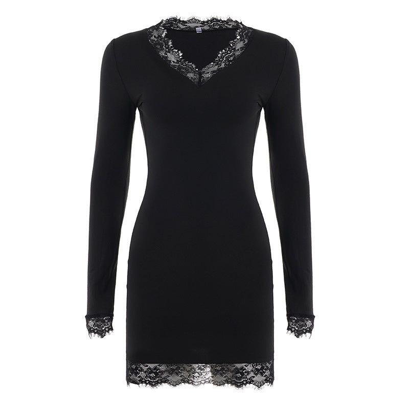 Vestido sexy de manga larga con cuello en V y encaje, para mujer, elegante, entallado y de color liso