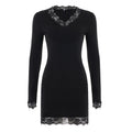 Vestido sexy de manga larga con cuello en V y encaje, para mujer, elegante, entallado y de color liso