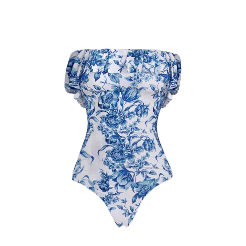 Traje de baño de dos piezas floral azul bikini para mujer