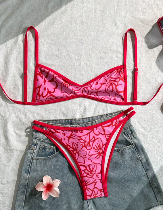 Bikini de dos piezas para mujer, conjunto de estampado floral rojo, traje de baño de playa para verano, con aberturas