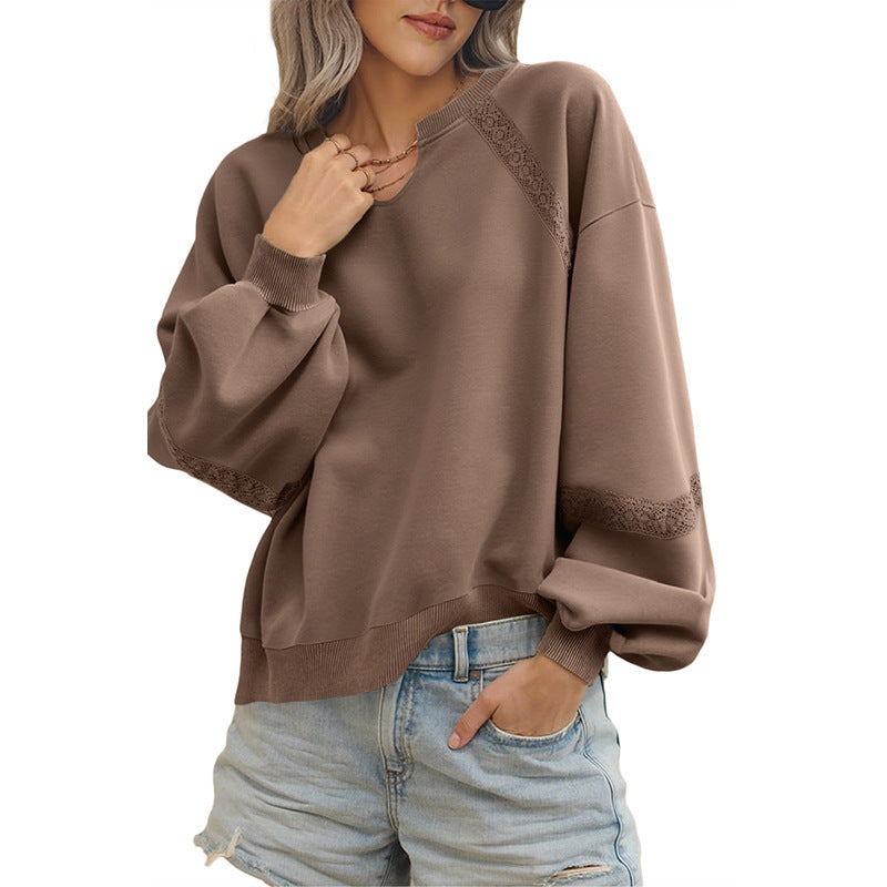 Solid Color Half Open Collar Stitching Lace Loose Stylish Long Sleeves Sweater