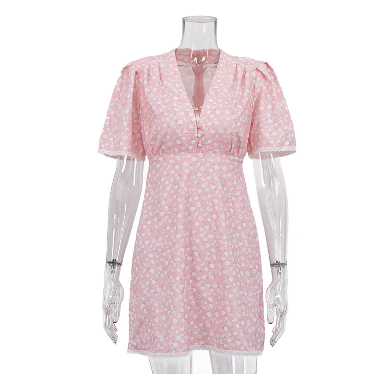 Vestido floral de verano para mujer, cuello en V, manga corta, cintura alta, vestido corto casual
