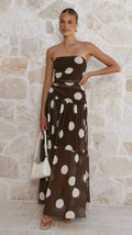 Vestido largo con hombros descubiertos, estampado de lunares, fruncido en el pecho y de malla para mujer