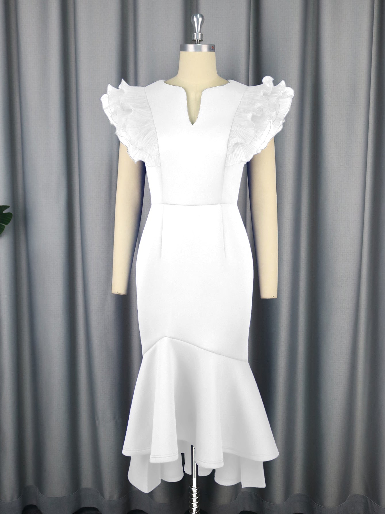 Vestido de cóctel sexy con volantes, pliegues y manga corta, cintura alta, corte sirena