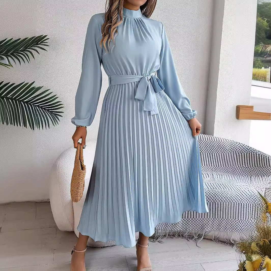 Vestido largo plisado fruncido con cuello alto y manga larga, elegante, otoño-invierno, vestido pequeño, ropa de mujer