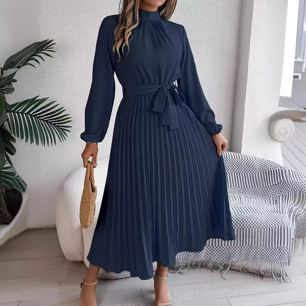 Vestido largo plisado fruncido con cuello alto y manga larga, elegante, otoño-invierno, vestido pequeño, ropa de mujer