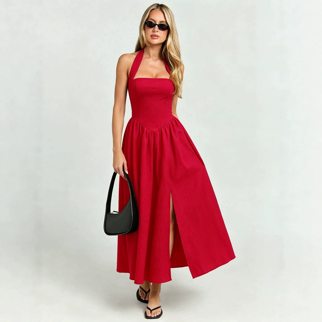 Vestido halter con cordones para mujer, sin espalda, entallado, de vuelo amplio, con abertura, rojo, de ambiente festivo, midi