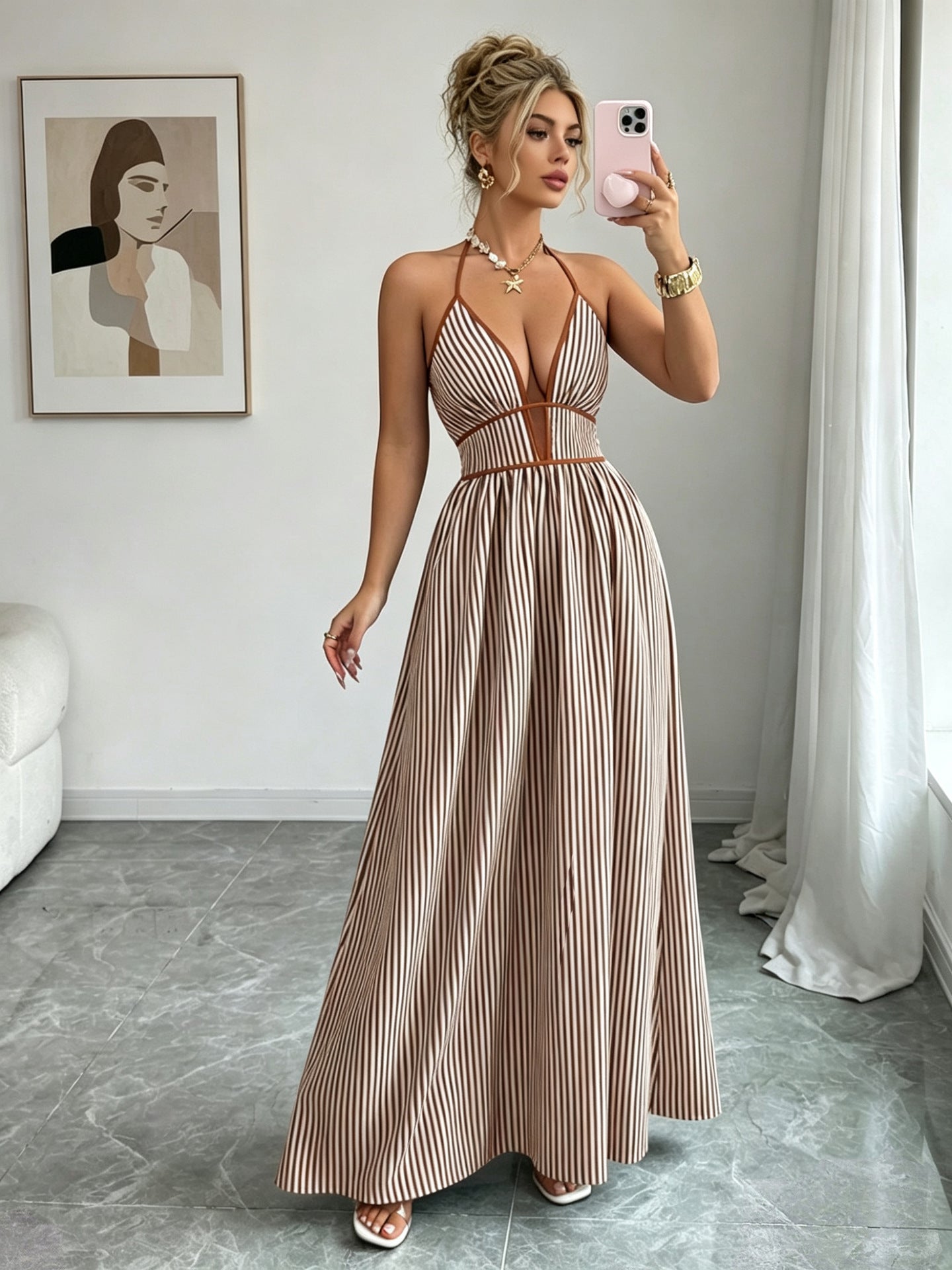 Vestido maxi largo casual sin mangas con cuello halter, cintura ajustada y rayas a juego de colores