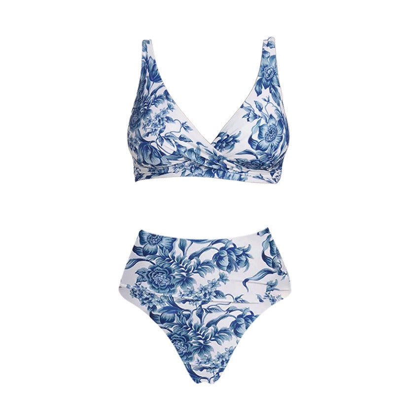 Traje de baño de dos piezas floral azul bikini para mujer