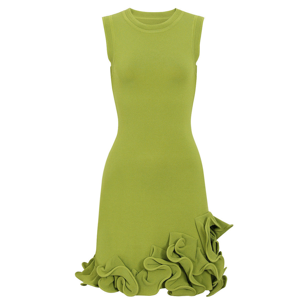 Summer Sleeveless round Neck Knitted All Matching Slim Fit Slimming Classic Plate Floral Dress