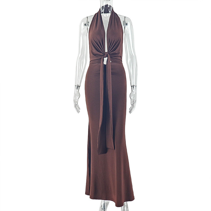Ropa de mujer de cintura ajustada, falda plisada con cordones en la cadera, vestido largo halter sexy sin espalda, cómodo para el hogar