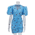 Vestido corto de verano estampado para mujer con cuello, manga abullonada y cadera plisada