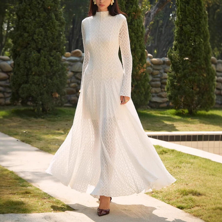 Vestido largo de mujer de encaje hermoso de diseño de nicho, ajustado y con dobladillo ancho, para otoño-invierno