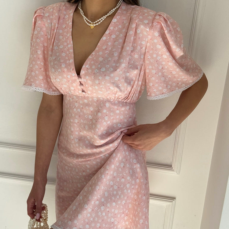 Vestido floral de verano para mujer, cuello en V, manga corta, cintura alta, vestido corto casual