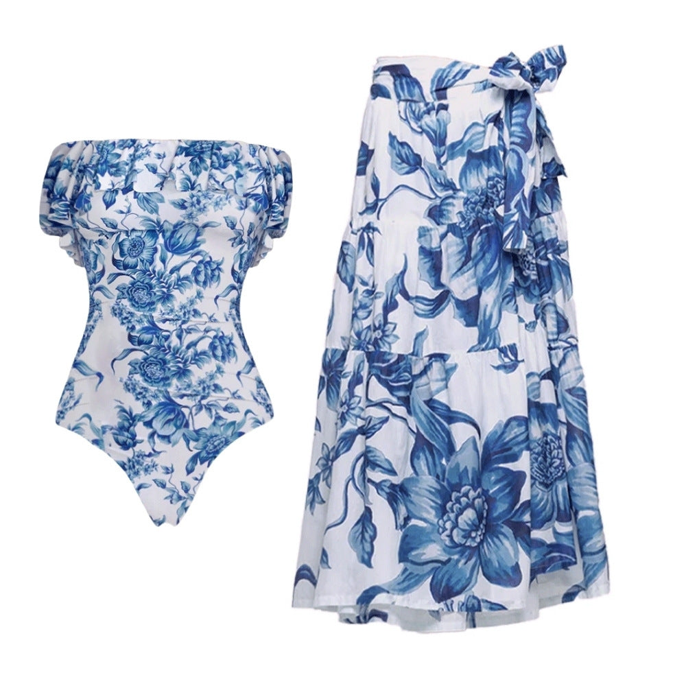 Traje de baño de dos piezas floral azul bikini para mujer