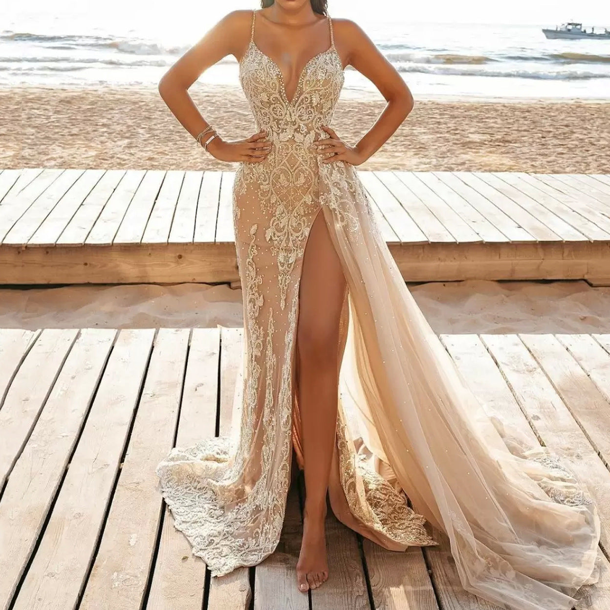 Vestido largo de verano para mujer, con tirantes finos, sin mangas, de malla calada y con aberturas