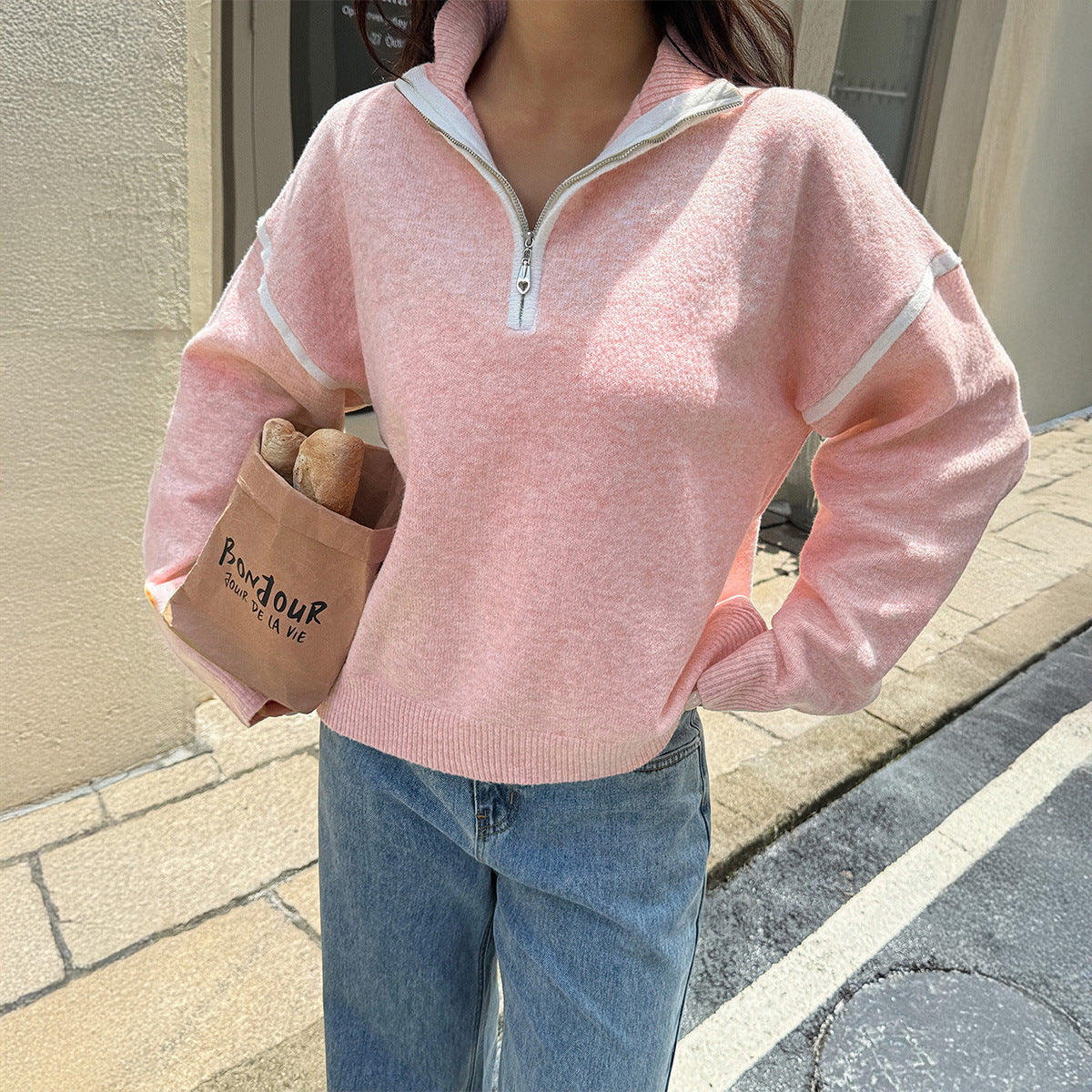Casual Simple Solid Color Long Sleeve Zipper Sweaters Women Clothing Autumn Winter