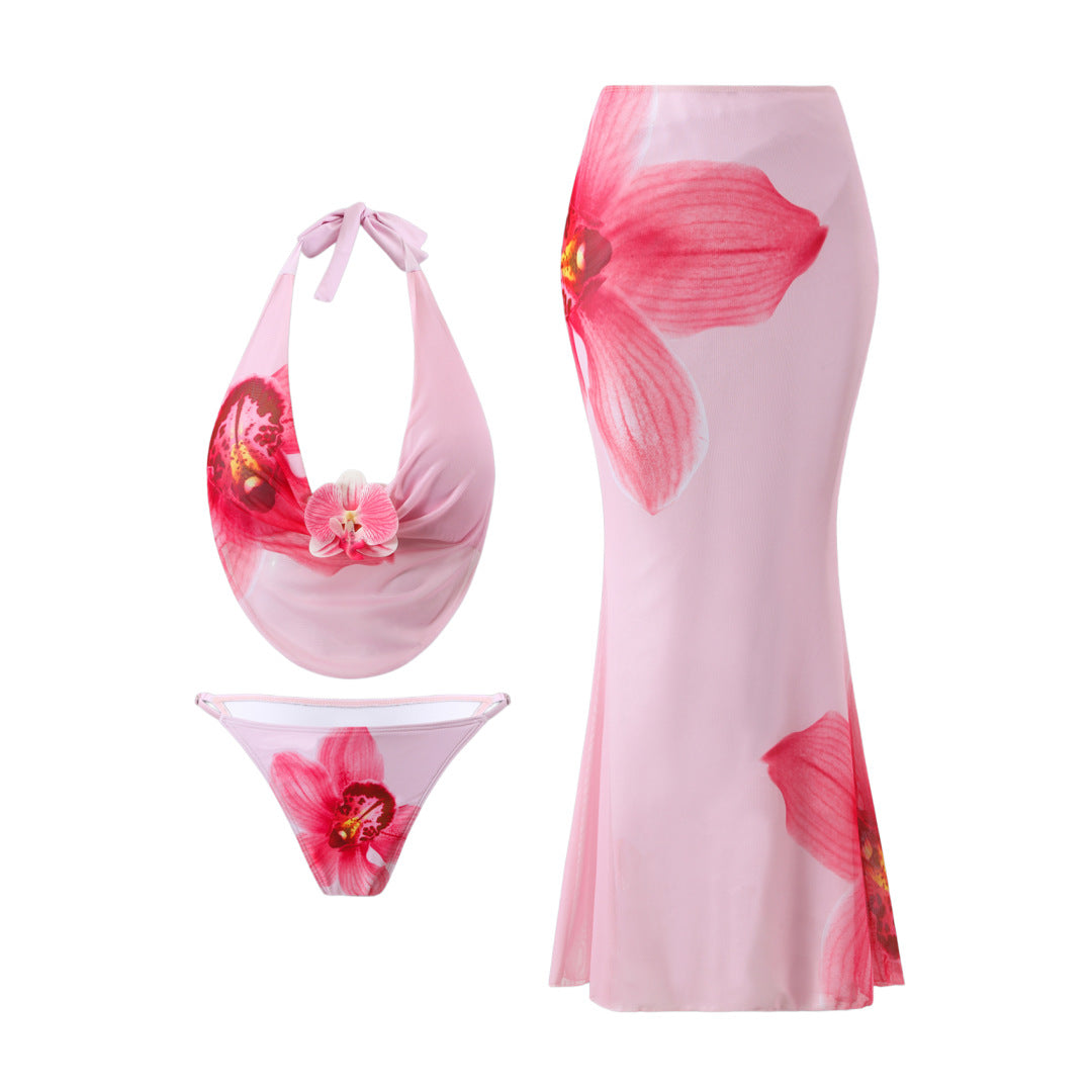 Traje de baño de tres piezas con falda, estampado floral de malla y protección solar para mujer