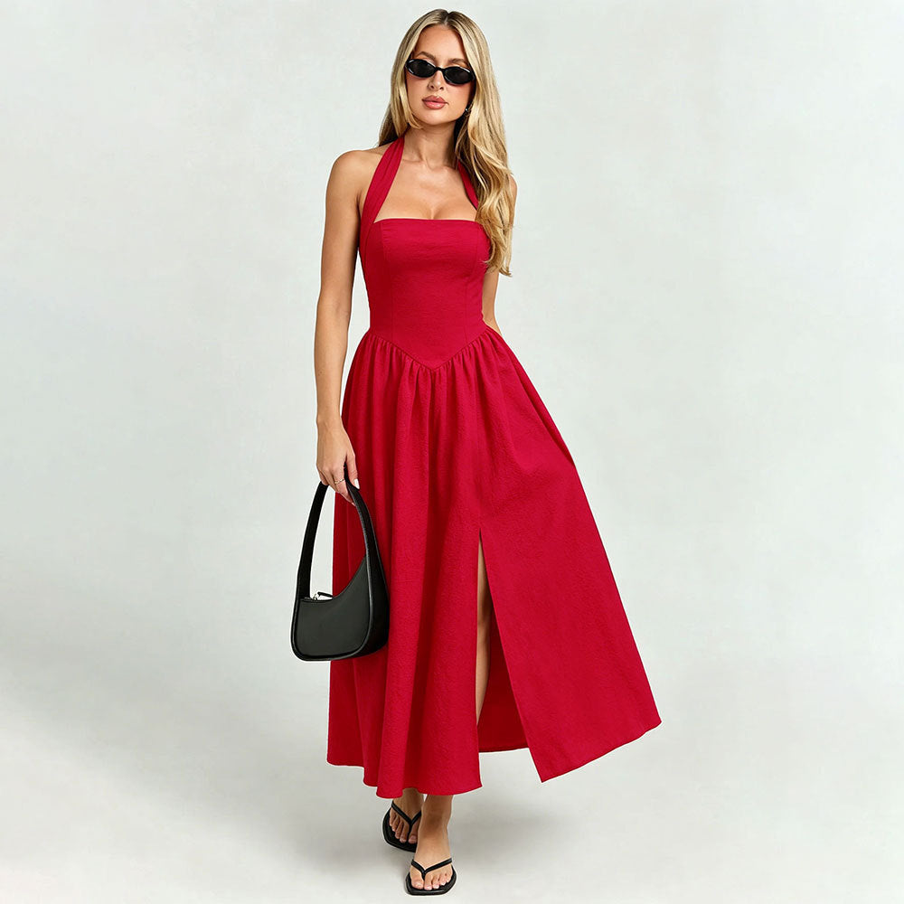 Vestido halter con cordones para mujer, sin espalda, entallado, de vuelo amplio, con abertura, rojo, de ambiente festivo, midi