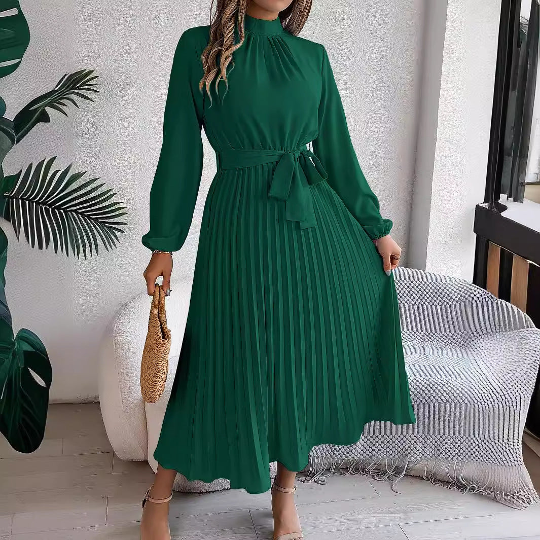 Vestido largo plisado fruncido con cuello alto y manga larga, elegante, otoño-invierno, vestido pequeño, ropa de mujer