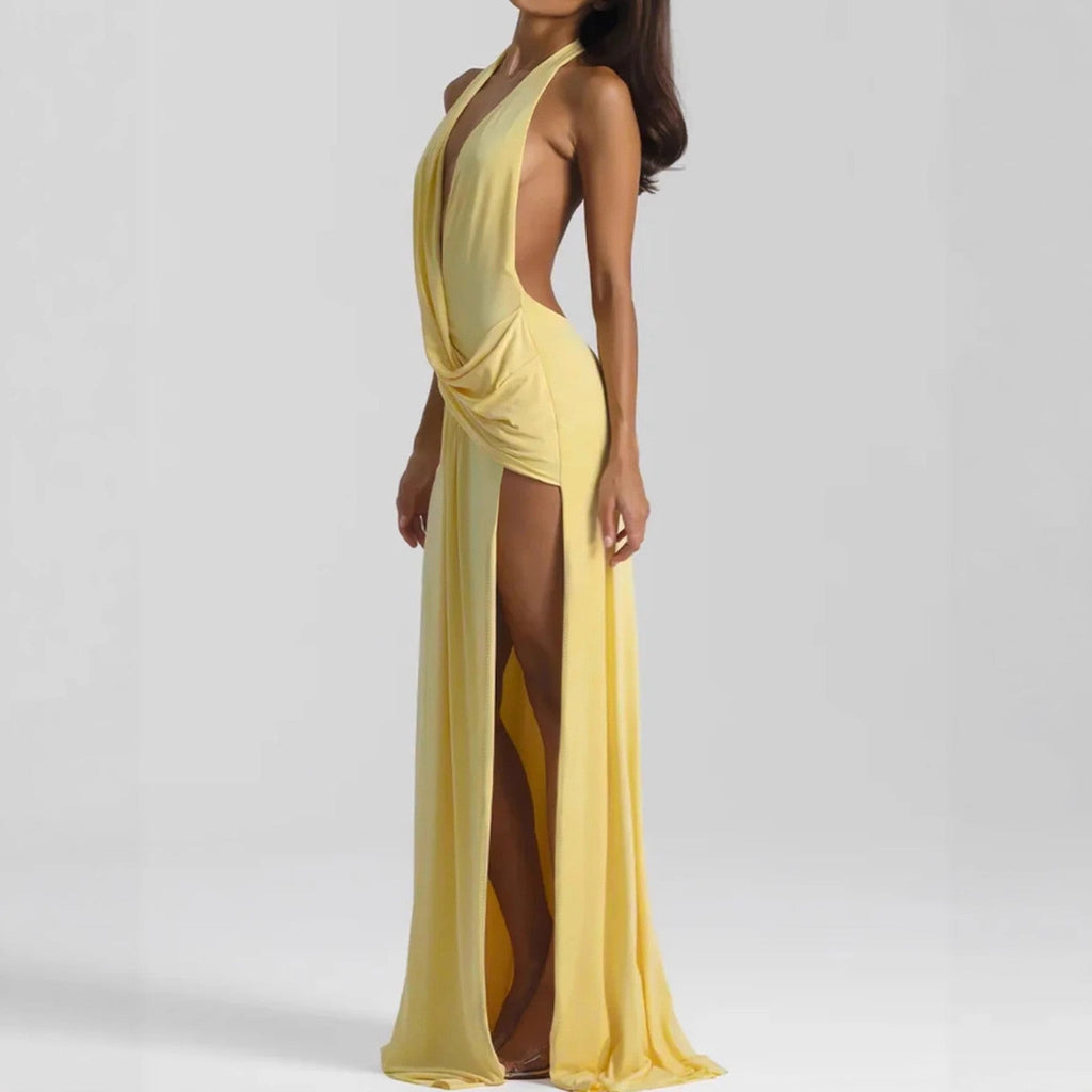 Vestido sexy largo de mujer con escote pronunciado en V, espalda descubierta con cordones y tiras