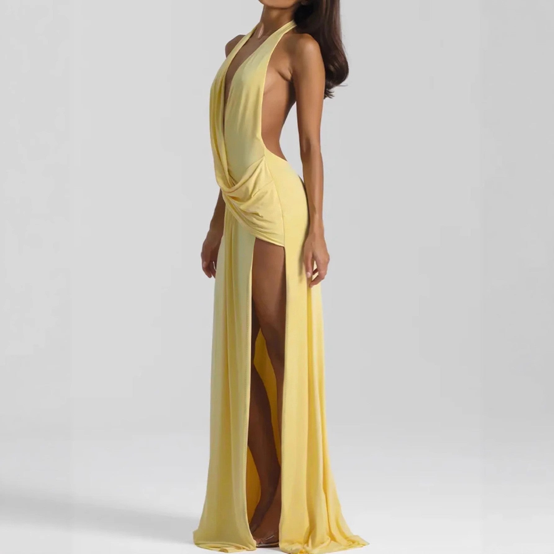 Vestido sexy largo de mujer con escote pronunciado en V, espalda descubierta con cordones y tiras